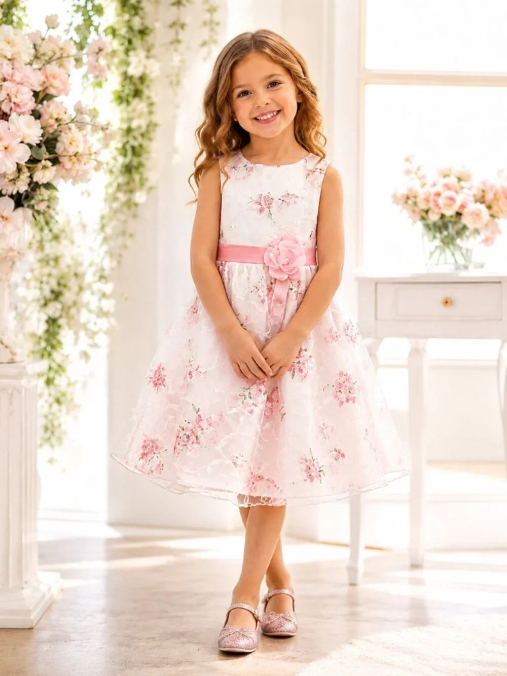 Girls Pink Floral Embroidered Special Occasion Dress Size 6 NWT